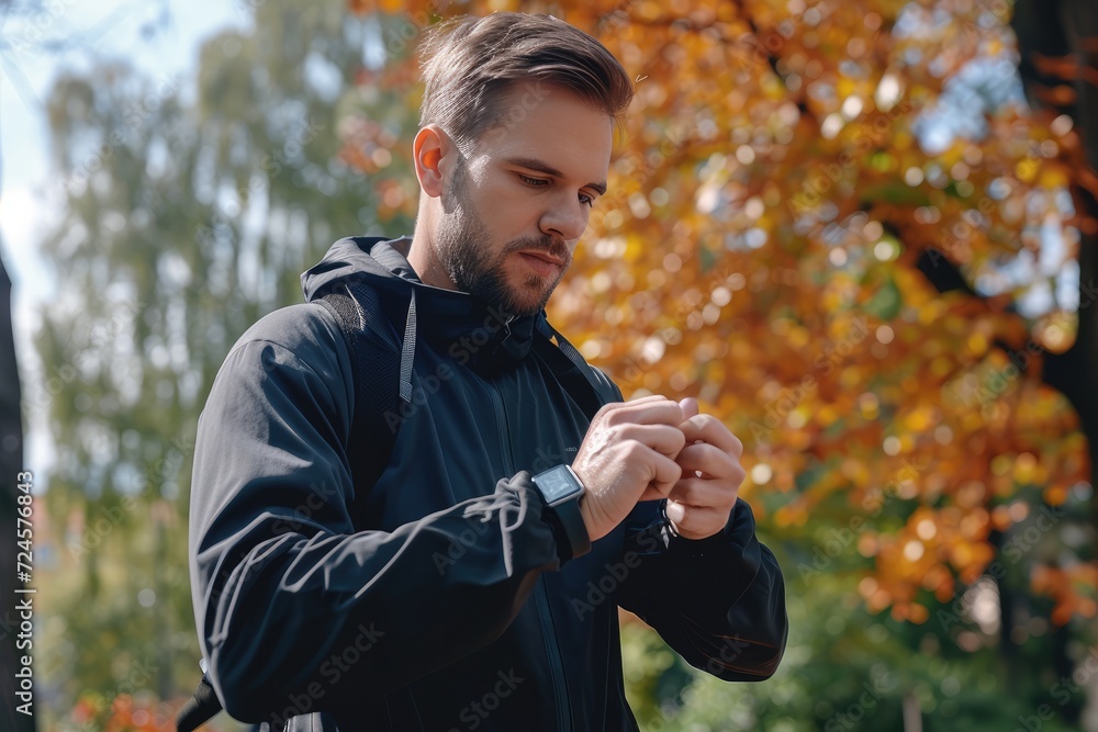 Young sporty man checking his fitness progress on smartwatch outdoor Young sporty man checking his fitness progress on smartwatch outdoor
