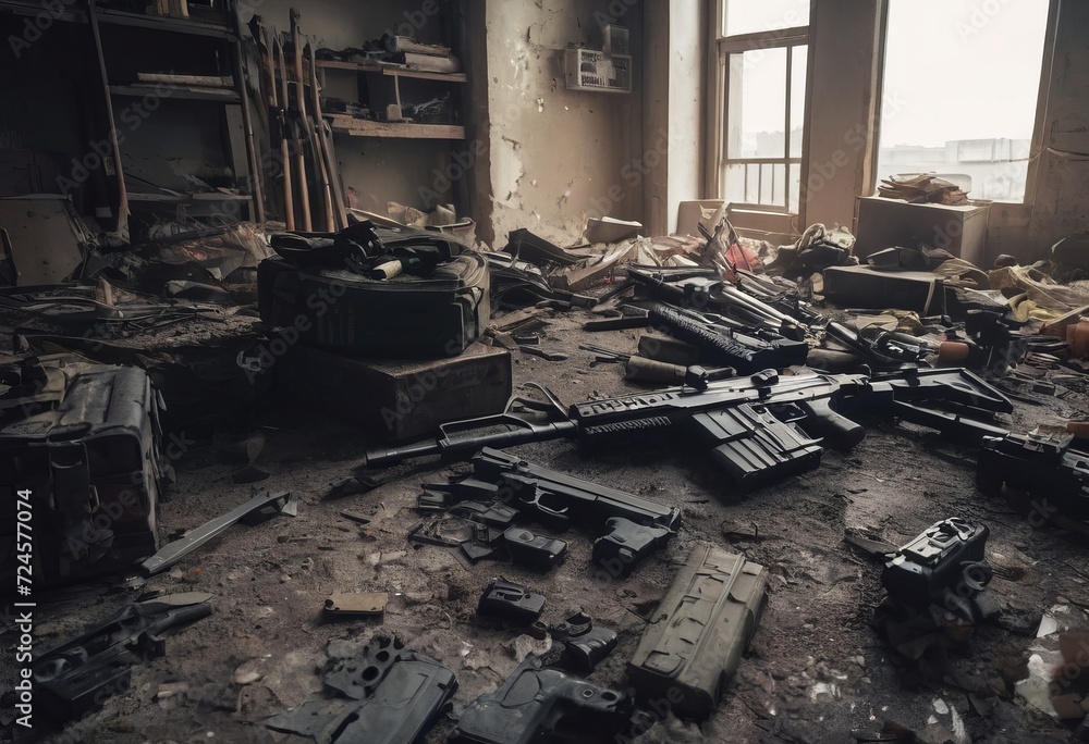 abandoned weapons after fighting on the battlefield, in the shelter