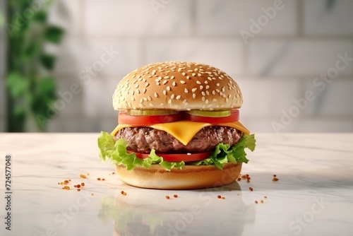 hamburger lying on a white countertop, with crumbs all around it.national hamburger day concept