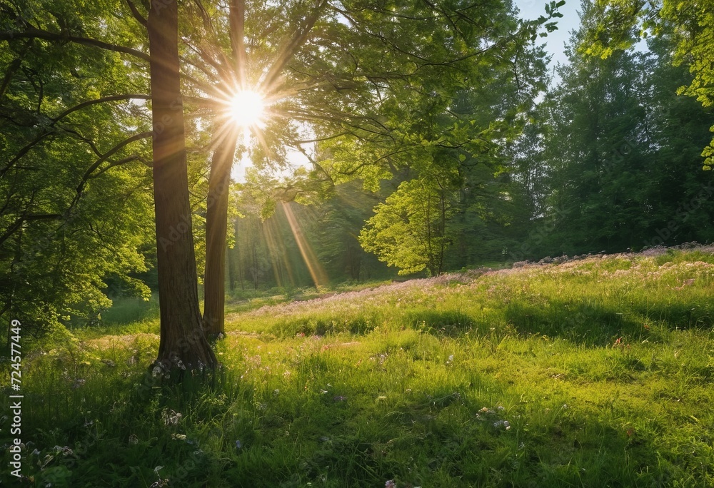 Obraz premium Scenic forest of fresh green deciduous trees framed by leaves, with the sun casting its warm rays through the foliage