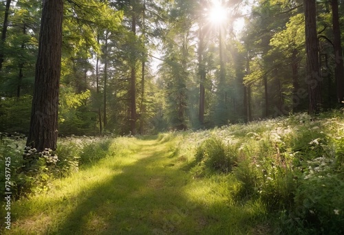 Scenic forest of fresh green deciduous trees framed by leaves, with the sun casting its warm rays through the foliage