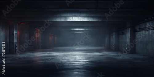 There is a dark room with a concrete floor and lights, An empty concrete corridor lit up with dim lights in the style of realistic hyperdetailed rendering, 
