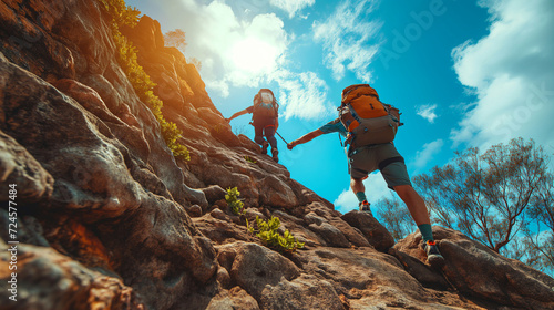 Group of People Climbing Up a Mountain