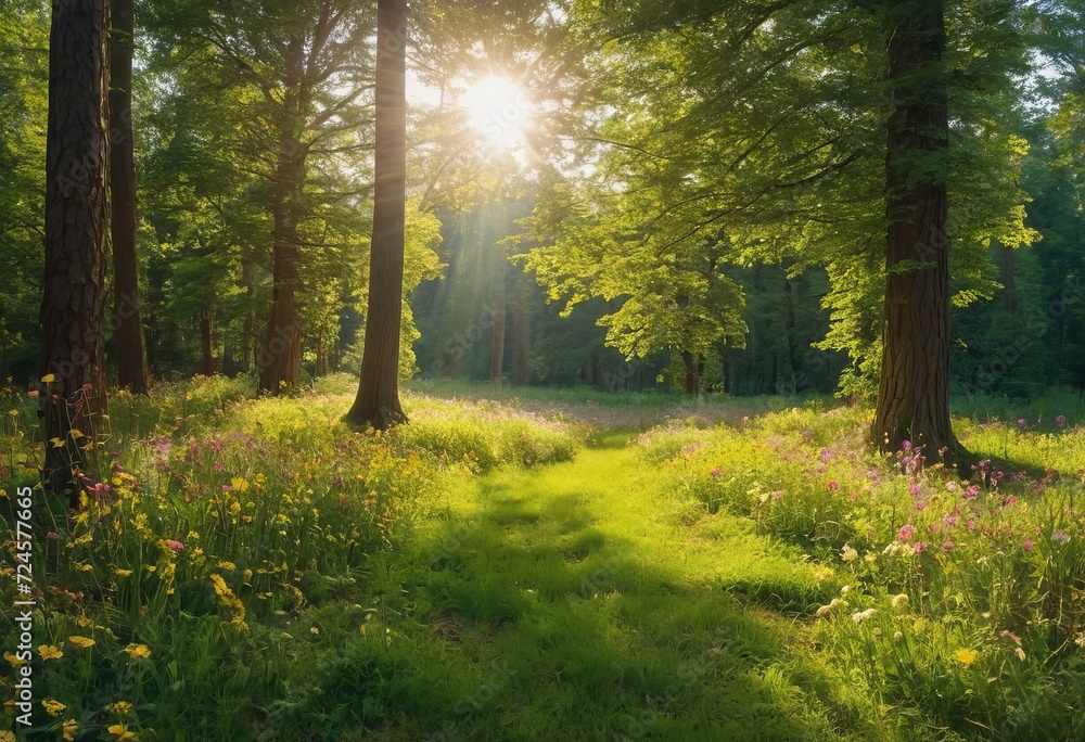 Obraz premium Scenic forest of fresh green deciduous trees framed by leaves, with the sun casting its warm rays through the foliage