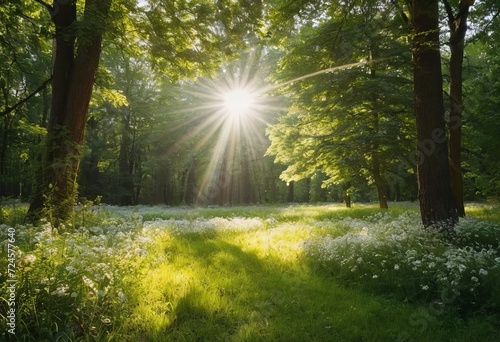 Scenic forest of fresh green deciduous trees framed by leaves  with the sun casting its warm rays through the foliage