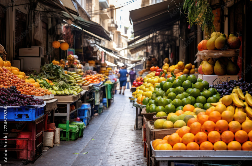 Obraz premium Exotic market with vibrant fruits, colorful fabrics, and market stalls, creating an atmosphere of cultural diversity
