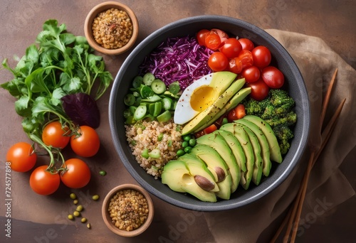 Healthy salad bowl with quinoa, tomatoes, chicken, avocado, lime and mixed greens, lettuce, parsley on wooden background top view. Food and health.