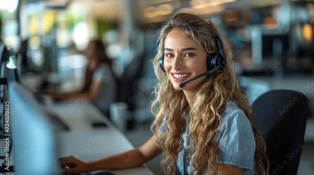 Woman Wearing Headset Sitting in Front of a Computer