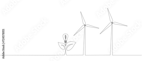 Eco-energy, energy from windmills, wind power plant. Building up ecological energy, increasing environmental friendliness concept in simple linear style of one line. Vector