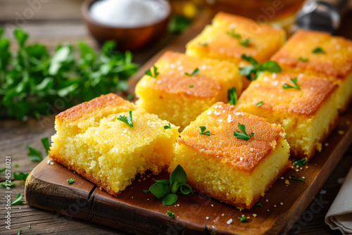 Sliced cornbread pieces on board