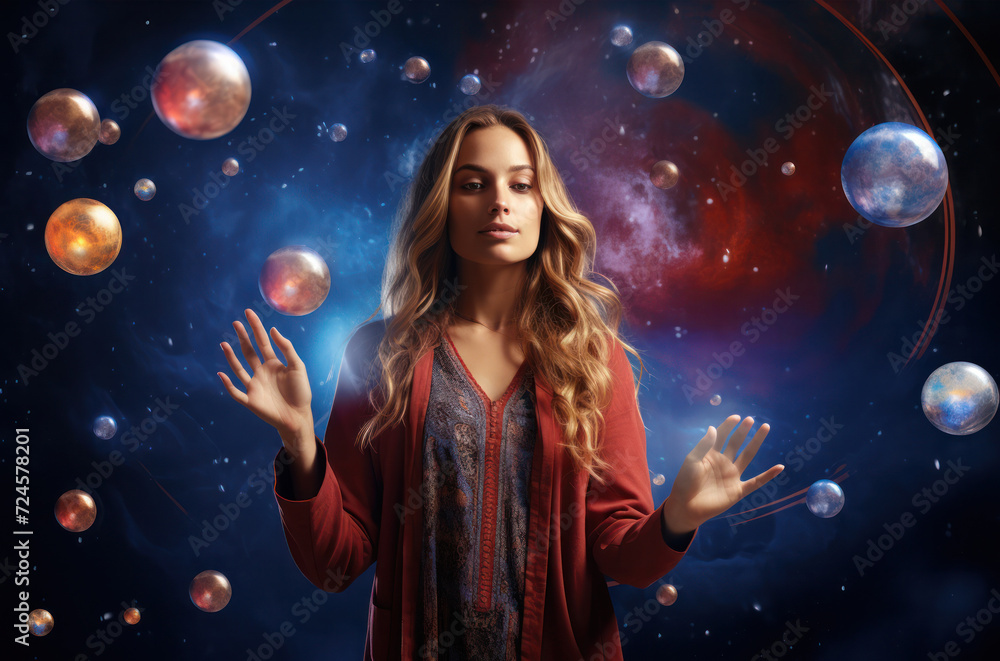 The girl is meditating in space with floating planets and stars backdrop The girl is meditating in space with floating planets and stars backdrop
