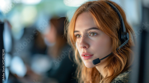 Woman Wearing Headset in a Call Center