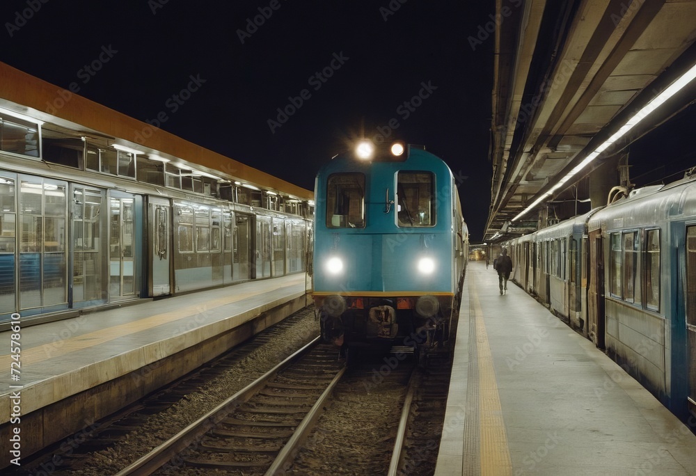 Retro steam train departs from the railway station at sunset.