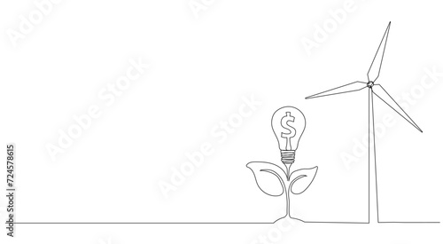 Eco-energy, energy from windmills, wind power plant. Building up ecological energy, increasing environmental friendliness concept in simple linear style of one line. Vector