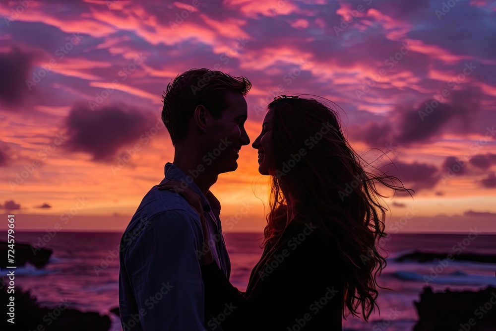 Romantic couple enjoying sunset silhouette against beautiful sky. Love and happiness in nature young man and woman embracing outdoors. Togetherness during golden moments in mountains spring romance