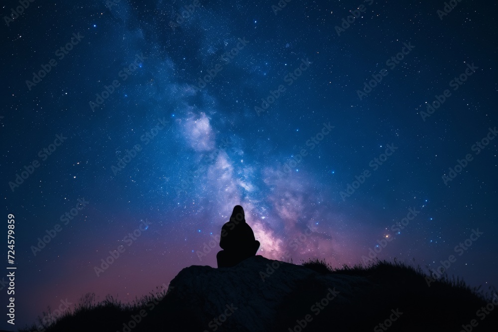 person sitting on rocks and gazing at the mesmerizing night sky