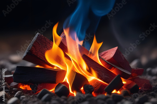 Glowing orange and yellow campfire burning on dark background with blue flames