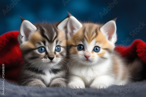 Two adorable kittens sitting on a soft red blanket looking at the camera