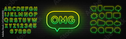 Green Yellow gradient fluorescent neon alphabet and speech bubble on brick wall background.  OMG neon sign on brick wall background.