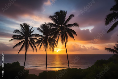Beautiful picturesque sunset on the seashore with palm trees.