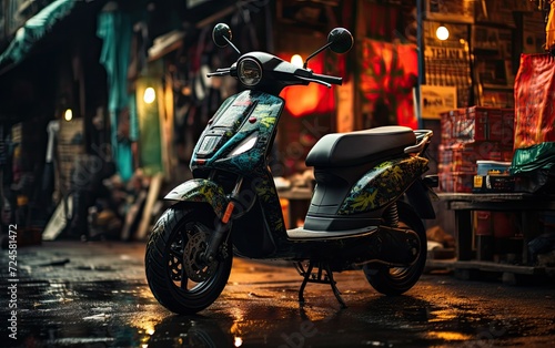 Electric Moped by the Bustling Street Bazaar
