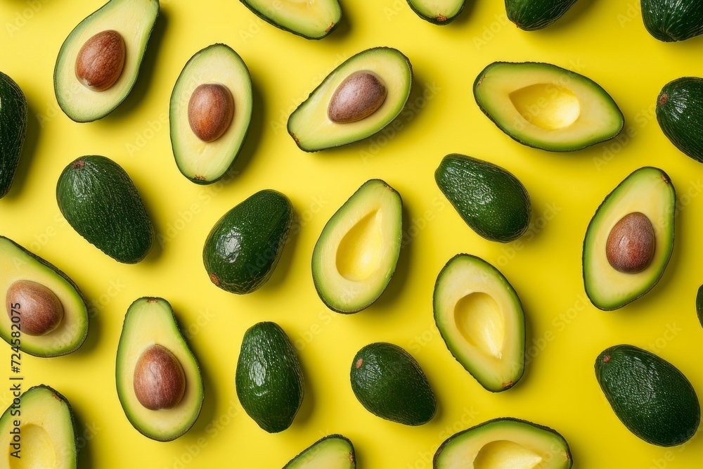 Many cut avocados on a yellow surface, pattern seamless, flatlay layout. Concept of healthy food, diet Many cut avocados on a yellow surface, pattern seamless, flatlay layout. Concept of healthy food, diet