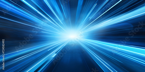 Abstract horizontal light line futuristic technology background, Straight bule streaks with blur and glow effect caused by lights moving at high speed realistic vector illustration of neon luminance,  photo