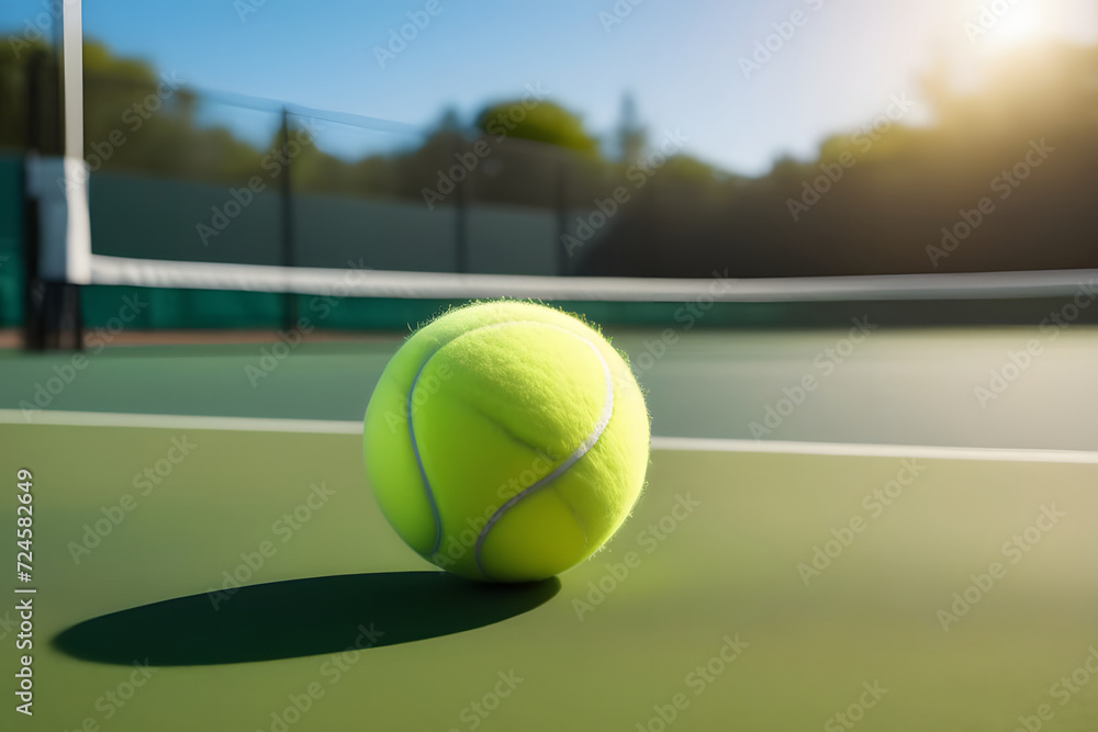 Bright green tennis ball on the tennis court with blurred background