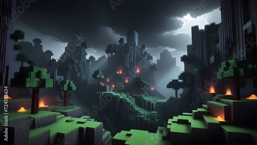 Minecraft inspired enigmatic dark backdrop. Minecraft world. Generative AI.