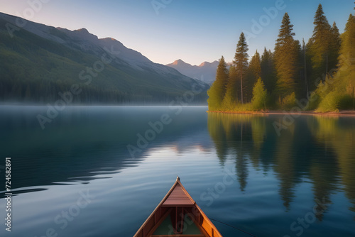 Wooden Boat on a Serene Lake with Clear Water and Lush Green Trees