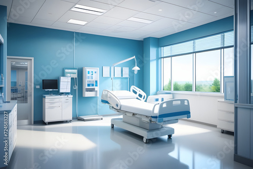 Blue and White Modern Hospital Room with Bed and Equipment near Window