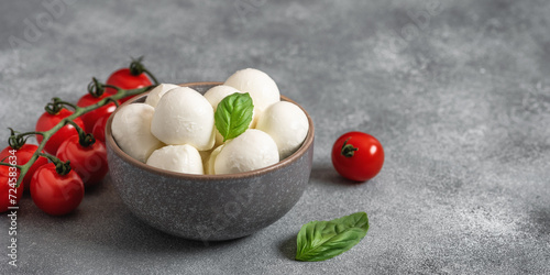 Mozzarella cheese balls in a bowl with basil leaves and cherry tomatoes, gray concrete background. Side view, selective focus. Banner