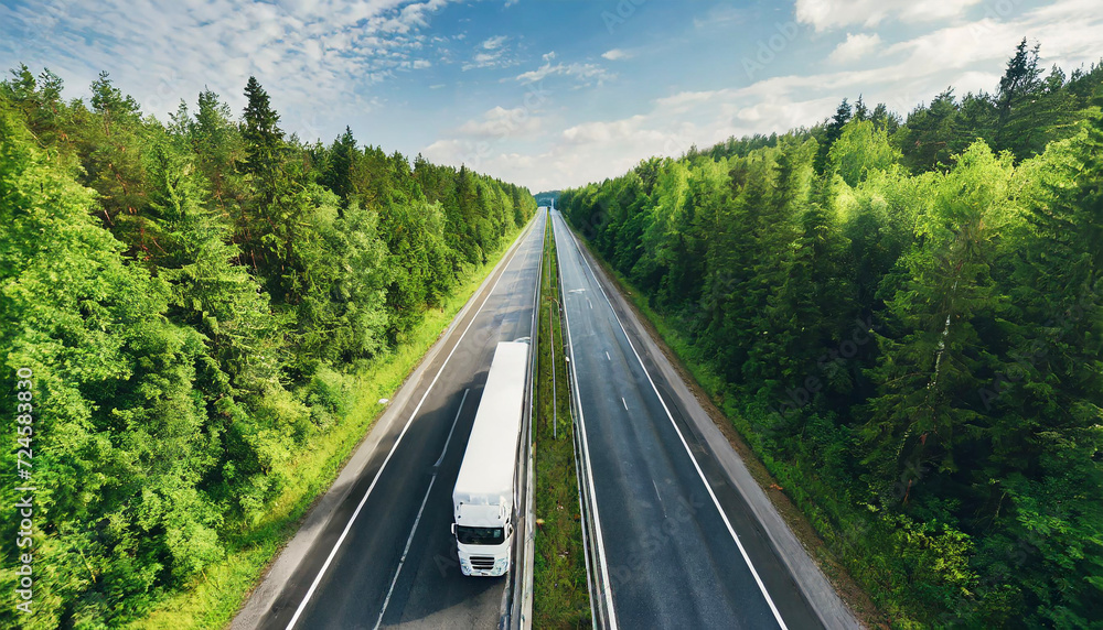 truck driving on straight line highway road in green forest. Aerial view