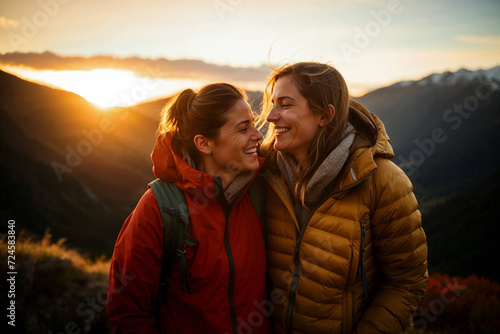 Female Couple Celebrating Love in Mountains at Sunset
 photo