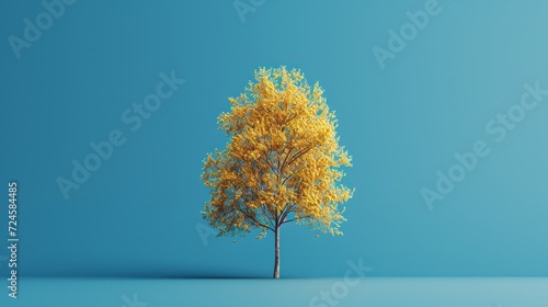 Skyward Autumn Trees in Nature's Palette, lone gold colored tree standing on blue background. 