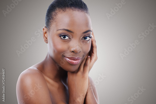 Mockup, skincare or hands on face of black woman in studio for wellness or glowing skin on grey background. Smile, beauty or portrait of female model happy with dermatology, shine or cosmetic results