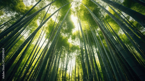 Sunlight streaming through a dense bamboo forest.