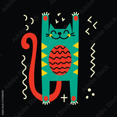 Collection with cute cat ,decorative abstract illustrations with colorful doodles, geometric shapes. Hand-drawn modern illustration with cats, flowers, abstract elements