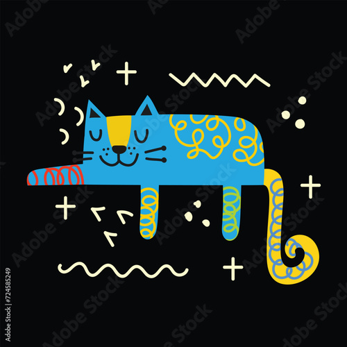 Collection with cute cat ,decorative abstract illustrations with colorful doodles, geometric shapes. Hand-drawn modern illustration with cats, flowers, abstract elements
