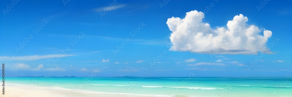 Panoramic view of a tropical beach and seascape, capturing the vast horizon where the beautiful expanse of the sky meets the sea.