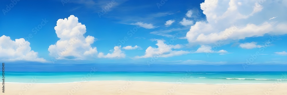 Panoramic view of a tropical beach and seascape, capturing the vast horizon where the beautiful expanse of the sky meets the sea.