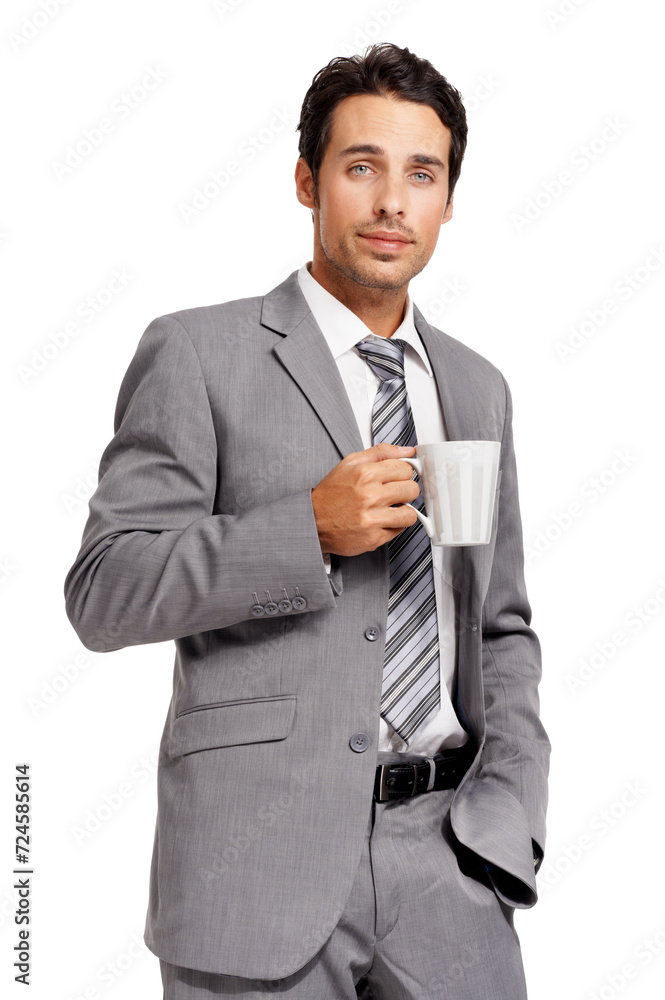 Portrait, coffee cup and business man in studio with confidence, break or attitude on white background. Morning, start and face of young male entrepreneur with tea, pride and corporate while isolated Portrait, coffee cup and business man in studio with confidence, break or attitude on white background. Morning, start and face of young male entrepreneur with tea, pride and corporate while isolated
