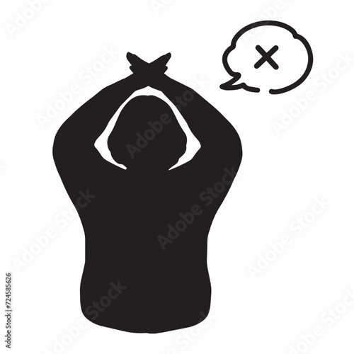 腕を肩の上にあげてバツのジェスチャーをするシニア女性のシルエットイラスト　黒
