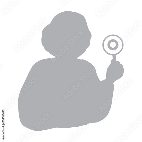 まる〇の札を持ったシニア・マチュア世代の女性のシルエットイラスト　グレー