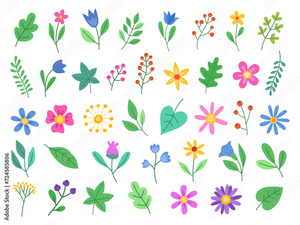 Collection of simple cute flowers and plants. Flowers and leaves of different shapes. Spring flowers. Design elements.