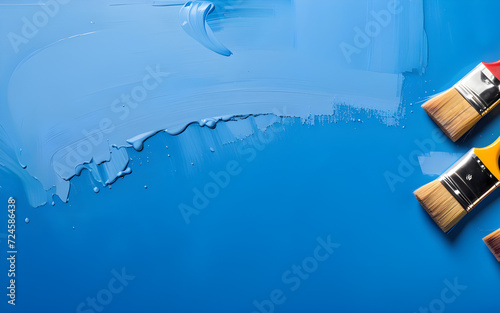 Painting equipment paint brushes on a blank copy space. art painting background. blue wall background