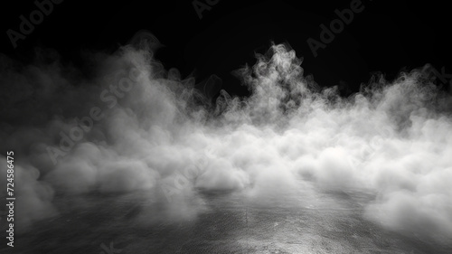 Smoke black ground fog cloud floor mist background steam dust dark white horror overlay. photo