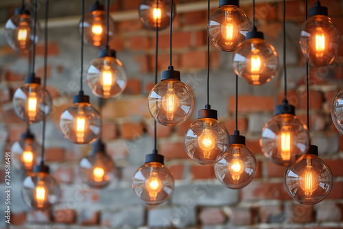 Vintage Edison Light Bulbs Hanging Against Brick Wall