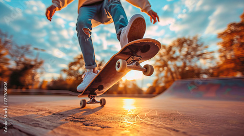 Legs of a boy riding a skateboard one afternoon at sunset photo