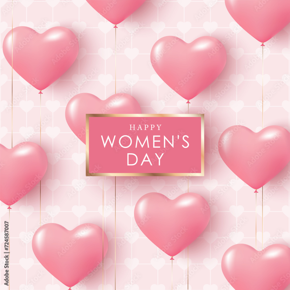 Cute square card for Women's Day with pink voluminous inflatable balloons in the shape of hearts. Girly background, cover design, wallpaper.